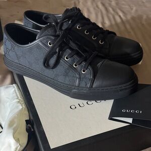 Gucci Dark Gray Monogram Canvas and Black Leather Sneakers